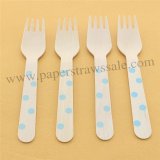 Wooden Forks Light Blue Polka Dot Print 100pcs