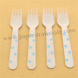 Wooden Forks Light Blue Polka Dot Print 100pcs