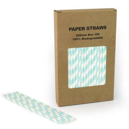 100 pcs/Box Light Blue Stripe Paper Drinking Straws [2905bluestripestraws100]