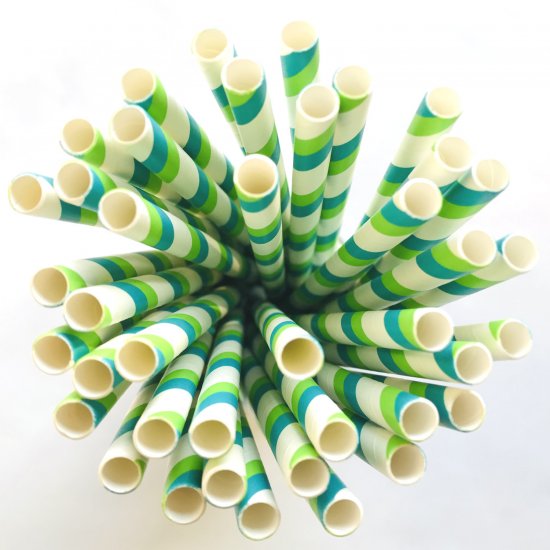 Green Teal Blue Double Stripe Paper Straws 500pcs - Click Image to Close