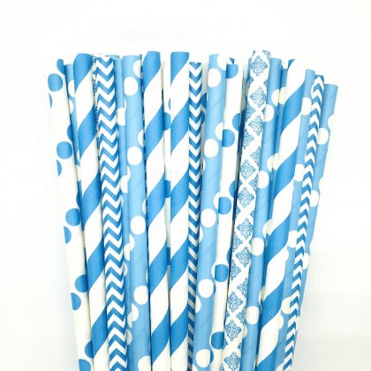 125 Pcs Mixed 5 Styles Blue Drinking Paper Straws