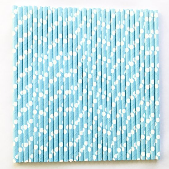White Polka Dot Light Blue Paper Straws 500 Pcs - Click Image to Close