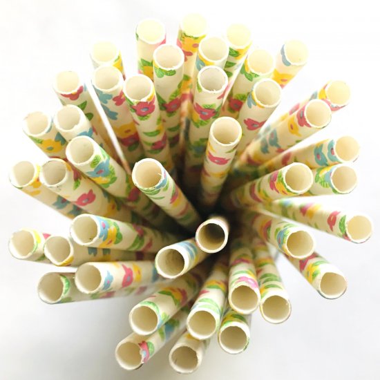 Blue Pink Yellow Flower Green Leaf Paper Straws 500 pcs - Click Image to Close