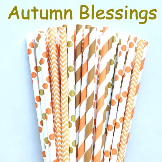 100 Pcs/Box Mixed Orange Brown Gold Autumn Blessings Paper Straw - Click Image to Close