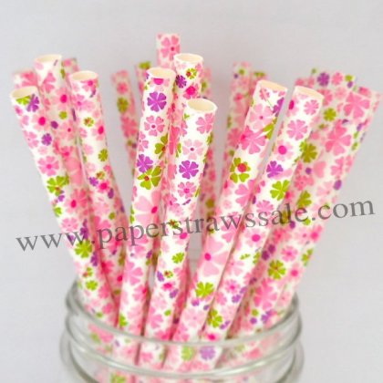 Green Pink Purple Floral Paper Straws 500pcs [papaperstraws006]