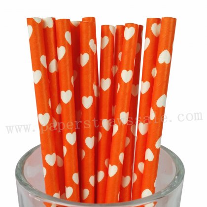 White Heart Print Orange Paper Straws 500pcs [npaperstraws112]