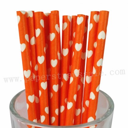 White Heart Print Orange Paper Straws 500pcs