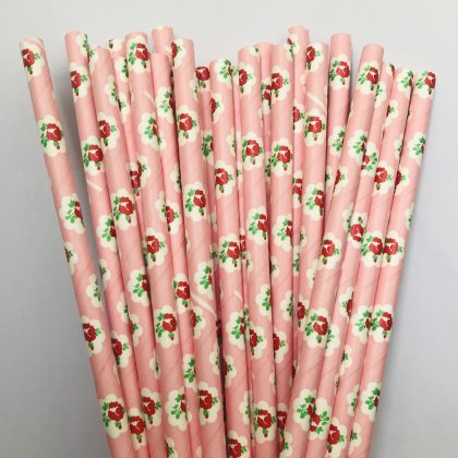 Red Rose Floral Light Pink Paper Straws 500 pcs