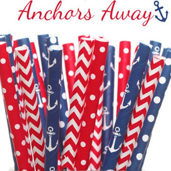 100 Pcs/Box Mixed Navy Red Anchors Away Paper Straws - Click Image to Close