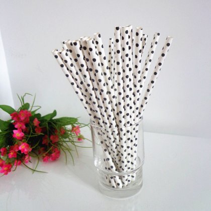 White Paper Straws Black Tiny Polka Dot 500pcs [ppaperstraws016]