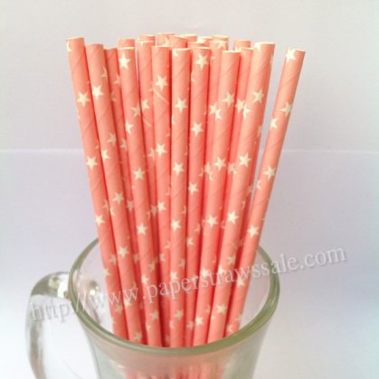 Pink Paper Drinking Straws Print with Stars 500pcs [stpaperstraws010]