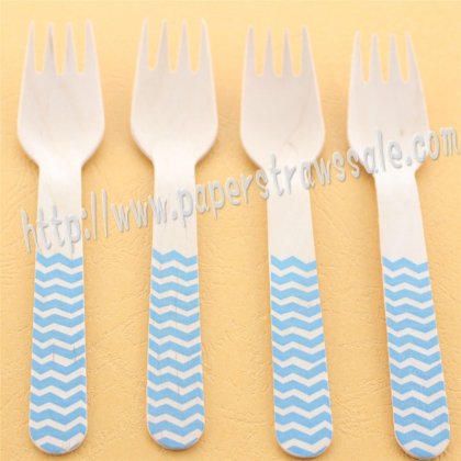 Wooden Forks Blue Chevron Printed 100pcs