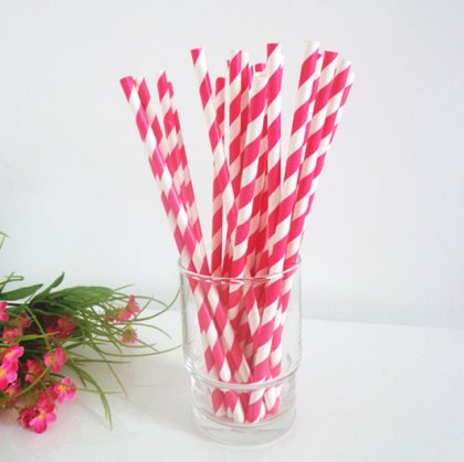 Paper Straws with Deep Pink Stripe Print 500pcs [spaperstraws022]