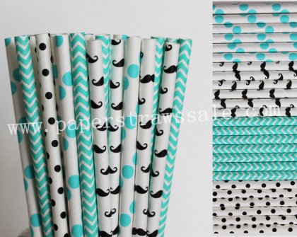 200pcs Aqua and Black Party Paper Straws Mixed