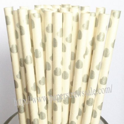 Silver Hearts Print Paper Drinking Straws 500pcs