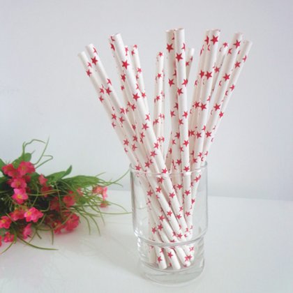 White Paper Drinking Straws with Red Stars 500pcs [stpaperstraws003]