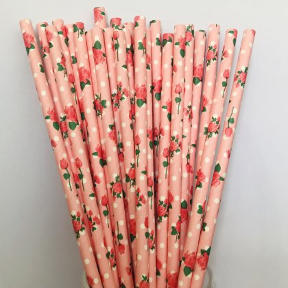 Flower Dot Red Rose Light Pink Paper Straws 500 pcs [fpaperstraws022]