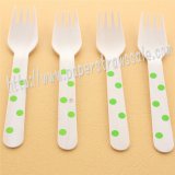 Wooden Forks Green Polka Dot Printed 100pcs