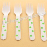 Wooden Forks Green Polka Dot Printed 100pcs