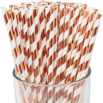 Metallic Foil Rose Gold Stripe Paper Straws Clearance