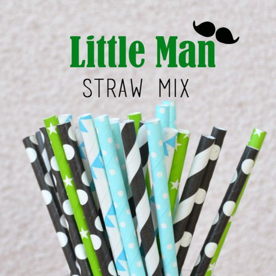 100 Pcs/Box Mixed Green Black Blue Little Man Paper Straws - Click Image to Close