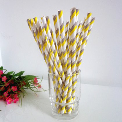 Gray Yellow White Striped Paper Straws 500pcs