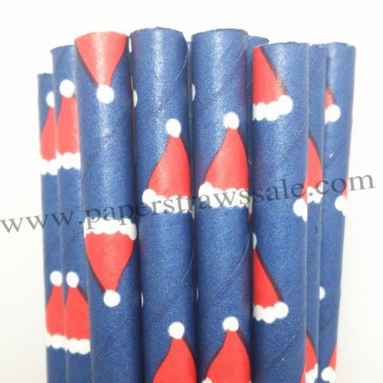 Navy Paper Straws Red Christmas Cap Print 500pcs [cnpaperstraws003]