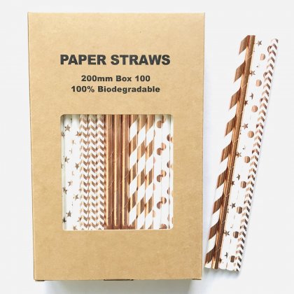 100 Pcs/Box Mixed Metallic Foil Rose Gold Paper Straws