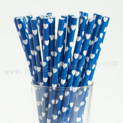 Navy Paper Straws White Heart Print 500pcs [npaperstraws108]