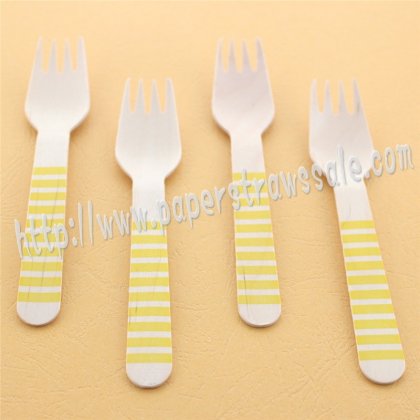 Wooden Forks Yellow Striped Printed 100pcs