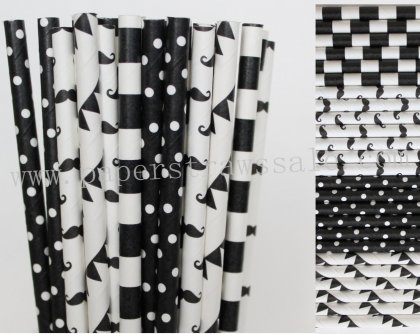 200pcs Black White Themed Paper Straws Mixed [themedstraws280]