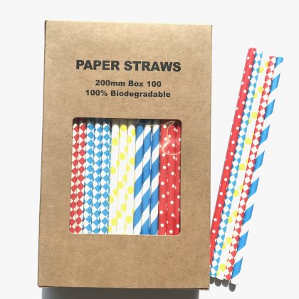100 Pcs/Box Mixed Blue Red Yellow Circus Party Paper Straws [100boxpaperstraws026]