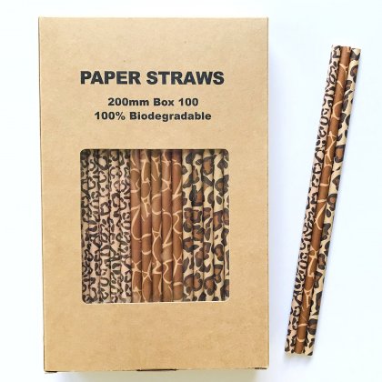100 Pcs/Box Mixed Leopard Cheetah Giraffe Safari Paper Straws
