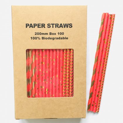 100 Pcs/Box Mixed Metallic Gold Foil Red Wrapped Up Paper Straws