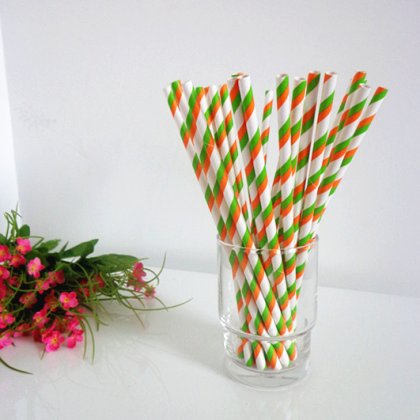 Lime Green Orange Stripe Print Paper Straws 500pcs