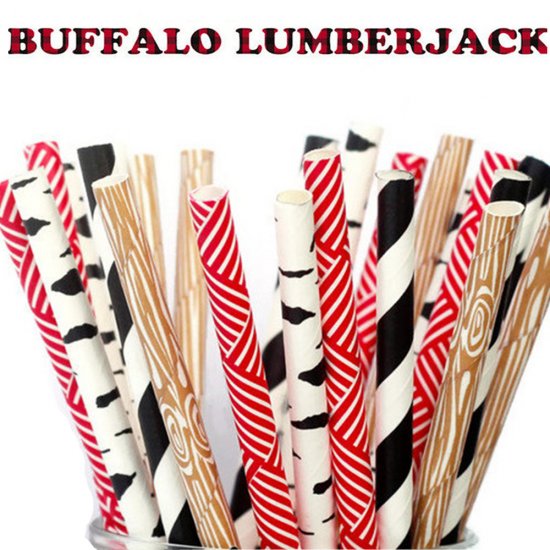 100 Pcs/Box Mixed Buffalo Lumberjack Paper Straws - Click Image to Close