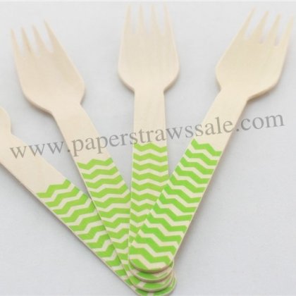 Wooden Forks Green Zig Zag Printed 100pcs