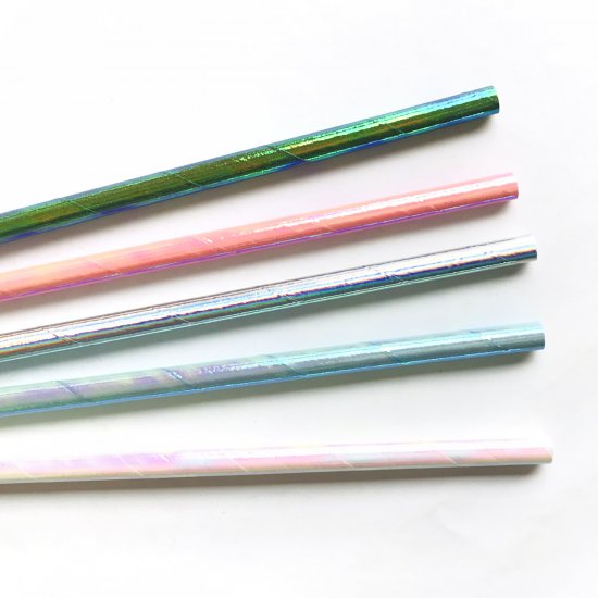 100 Pcs/Box Mixed Colorful Foil Metallic Iridescent Paper Straws - Click Image to Close
