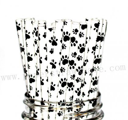 Black Paw Print Paper Drinking Straws 500pcs [npaperstraws043]