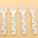 Wooden Forks Blue Polka Dot Printed 100pcs