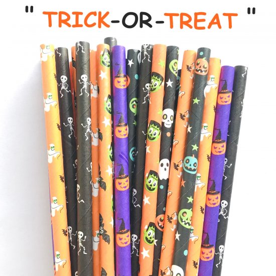 100 Pcs/Box Mixed Party Halloween Trick Or Treat Paper Straws - Click Image to Close