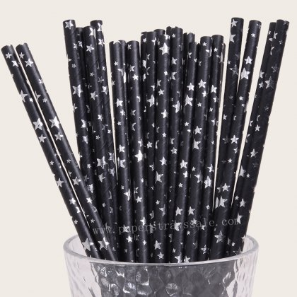 Assorted Star Paper Straws Black Silver Foil 500 pcs [foilstraws069]