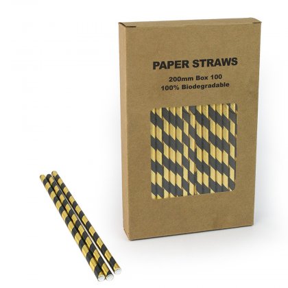 100 pcs/Box Gold Foil Black Striped Paper Straws [blackgoldstraws100]