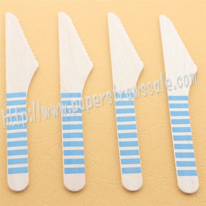 Wooden Knives with Blue Striped Print 100pcs