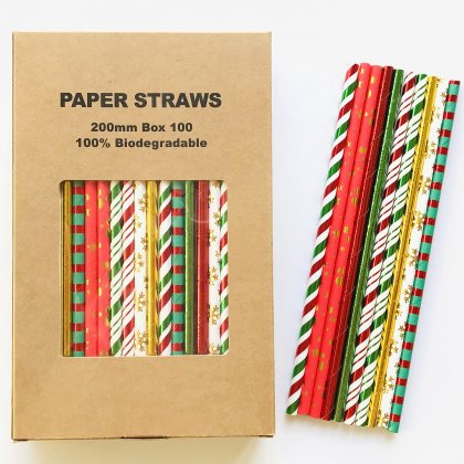 100 Pcs/Box Mixed 10 Metallic Christmas Styles Paper Straws