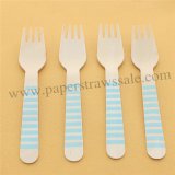 Wooden Forks Light Blue Stripe Print 100pcs