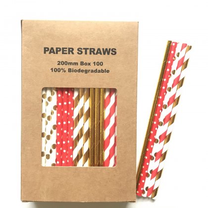 100 Pcs/Box Mixed Christmas Red Gold Wrapped Up Paper Straws