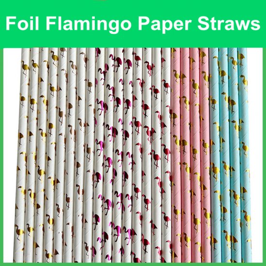 Flamingo Paper Straws White Metallic Gold Foil 500 pcs - Click Image to Close