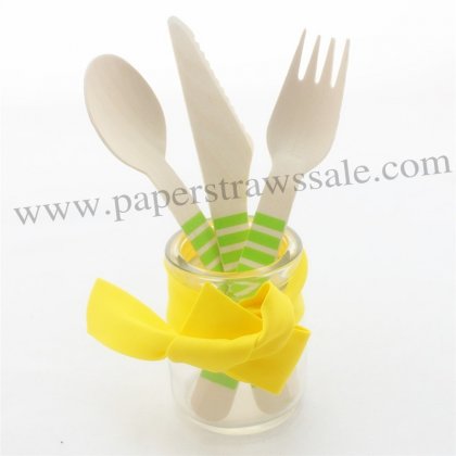 Green Striped Wooden Cutlery Set 150pcs [cutlery003]