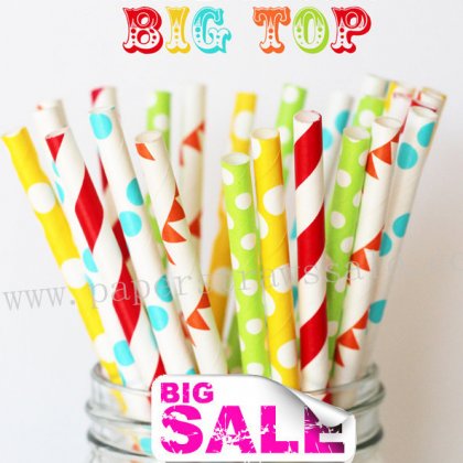 200pcs Big Top Themed Paper Straws Mixed [themedstraws195]